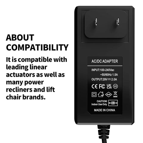 Front view of a Replacement 29V 2A Recliner Power Supply Adapter with compatibility details next to the AC to DC charger