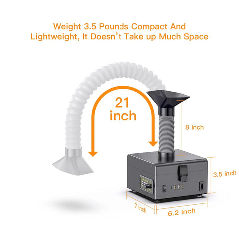 Heavy Duty Fume Extraction System With USB And LED, 150W, dimensions shown with flexible hose and compact design