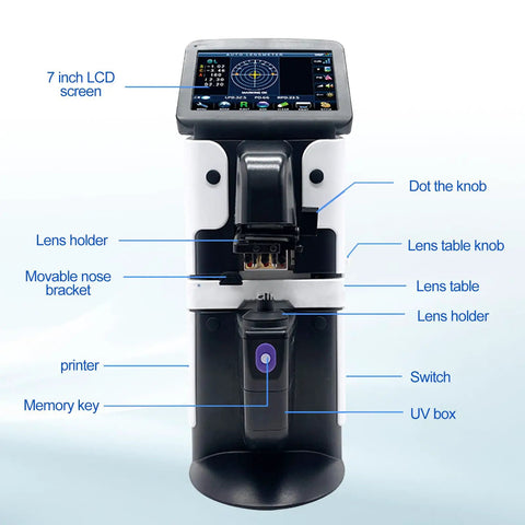 Front view of Digital Auto Lensmeter with 7 inch touch screen Focimeter, labeled parts for opticians and optical labs.