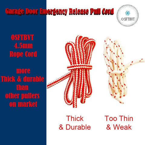 Garage Door Emergency Release Pull Cord With Handle 1 Meter Long, thick and durable red and white rope with comparison to thinner white rope