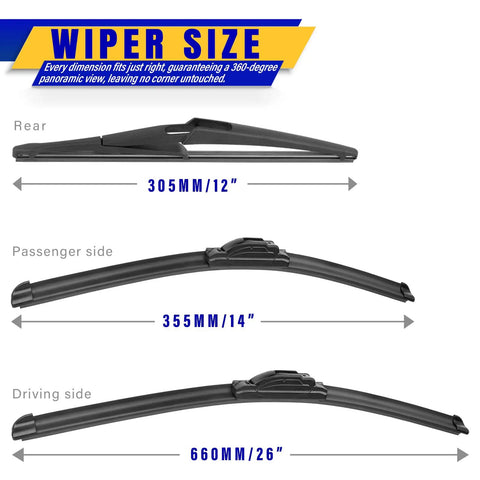 Nissan Rogue Windshield Wiper Blades Set Of 3 26 Inch 14 Inch 12 Inch U Hook Front Replacement OEM Quality for 2008-2015 models