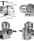 Built Like A Tank 3 Jaw Chuck Rotary Indexing Head Kit For CNC Mill shows quick release plugs and vertical adjustment details.