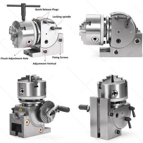 Built Like A Tank 3 Jaw Chuck Rotary Indexing Head Kit For CNC Mill shows quick release plugs and vertical adjustment details.