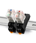 Two Pack 8 Pin DPDT Electromagnetic Relay 24V DC 10A With LED Indicator Socket Base And DIN Rail Mount GR5 Y2CLGT Relays For Control Circuits Plug And Play Ready Industrial Automation Essentials on DIN rail