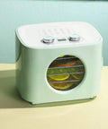 Electric Food Dehydrator Stainless Steel Beef Jerky Maker And Vegetable Dryer With 360 Circulating Air Automatic Cooling Smooth Operator on a countertop.