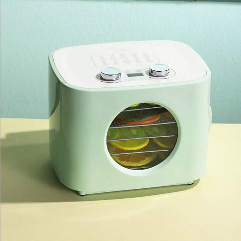 Electric Food Dehydrator Stainless Steel Beef Jerky Maker And Vegetable Dryer With 360 Circulating Air Automatic Cooling Smooth Operator on a countertop.