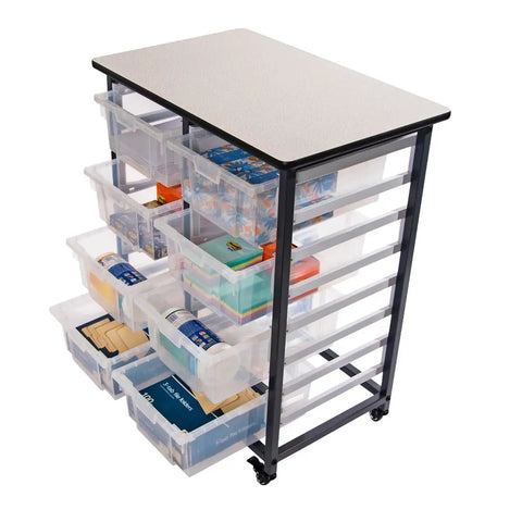 Hassle Free Heavy Duty Mobile Bin Storage Cart With Double Row Steel Rack And Eight Deep Clear Plastic Tub Bins, Slick Rolling Casters And Secure Anti Pull Handles To Keep Your Workshop Sorted