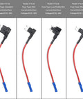12V Car Add A Circuit Fuse Tap Adapter Kit With Mini ATS Blade Fuse Holder Dual Slot For Safe Circuit Expansion Without Splicing Or Cutting In Any Vehicle Includes Ten 10A And Ten 20A Fuses, showing different models of fuse holders with red wires and blue connectors.