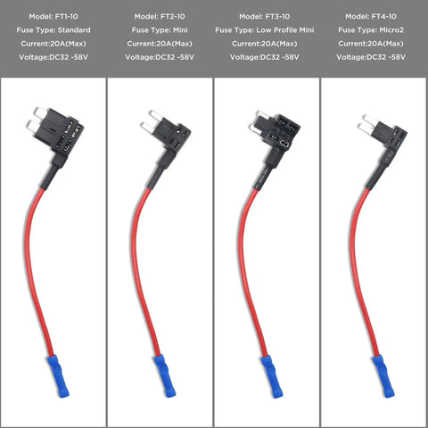 12V Car Add A Circuit Fuse Tap Adapter Kit With Mini ATS Blade Fuse Holder Dual Slot For Safe Circuit Expansion Without Splicing Or Cutting In Any Vehicle Includes Ten 10A And Ten 20A Fuses, showing different models of fuse holders with red wires and blue connectors.