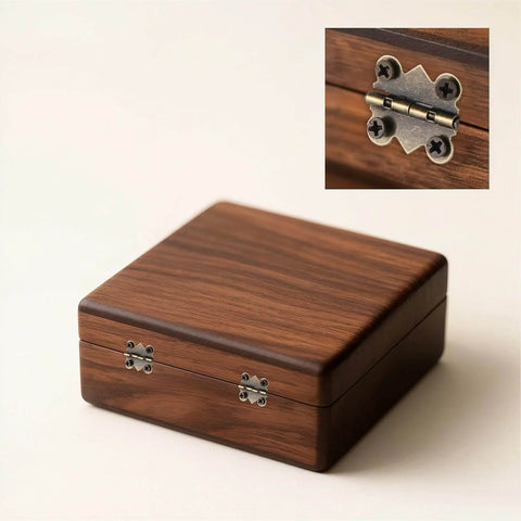 Wooden box with installed 12 Pcs Small Butterfly Hinges Antique Bronze Mini Metal Hinges 20 x 17mm for DIY crafts, close-up view.