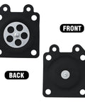 Two black square metering diaphragms with silver center valve plate; front and back views for Walbro/Zama carburetors.