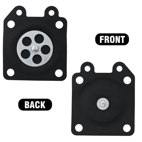 Two black square metering diaphragms with silver center valve plate; front and back views for Walbro/Zama carburetors.