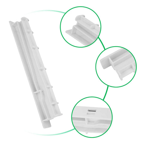 Kickass Heavy Duty Refrigerator Crisper Drawer Slide Rail Center Gliding Track W10671238 WPW10671238 Replacement white plastic track detail view.