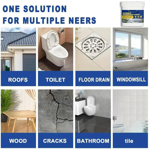 Heavy Duty Clear Waterproof Sealant Gel Leak Stopper For Roof Wall Repair shown on roofs, toilets, floor drains, and bathtubs.