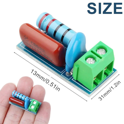 Five Pack Relay Snubber Module For AC Or DC 5 To 400 Volt Inductive Load Contact Protection, showing compact module on hand.