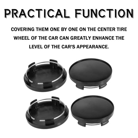 Universal Snap On Wheel Center Caps For Rims 2.36 Inch Outer Diameter 2.2 Inch Inner Core Hub Covers showing black ABS steel caps.