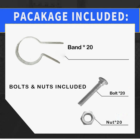 Package includes 20 Two And Three Eighths Inch Tension Band For Chain Link Fence, bolts, and nuts in galvanized steel.