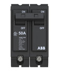 Heavy Duty 50 Amp Double Pole Circuit Breaker with black casing, ON/OFF switches, for home and workshop panels.