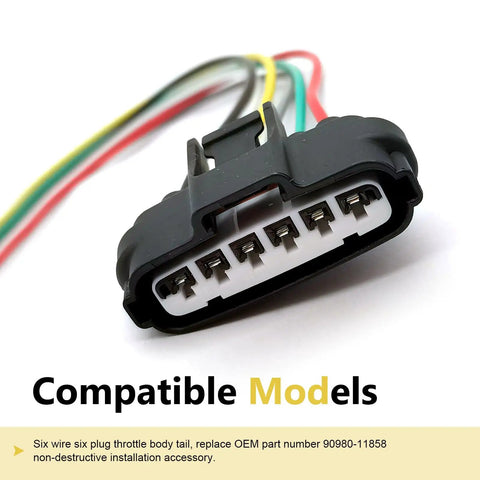 Close-up of 2 Pack 6 Pin Throttle Body Pigtail Connector For TPS Sensor showing connectors and wires, compatible with OEM 90980-11858.
