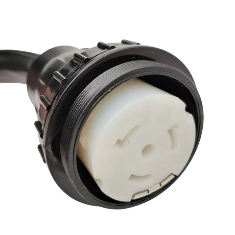 Close-up of Heavy Duty 50 Amp RV Shore Power Extension Cord Adapter 14-50P To SS2-50R Marine Twist Lock Receptacle