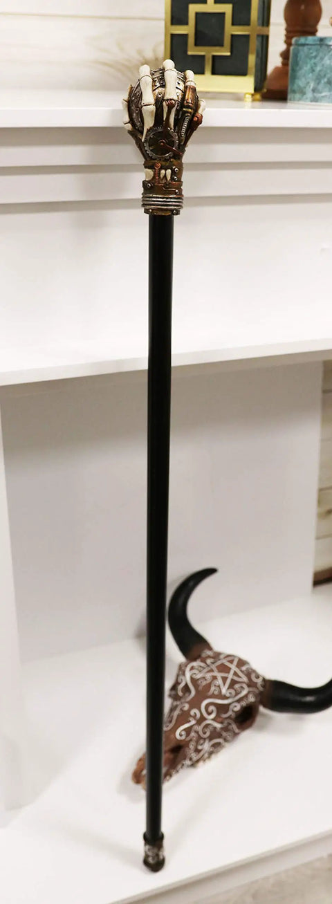 Badass Steampunk Swagger Cane Featuring Skeletal Hand Grasping Evil Eye And Heavy Duty Clockwork Gear Decor Staff, 38.5 inches, resin.
