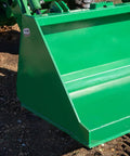 5 Foot Dirt Bucket Attachment For Tractors That Fits John Deere Hook And Pin Tractors showing side angle with green finish