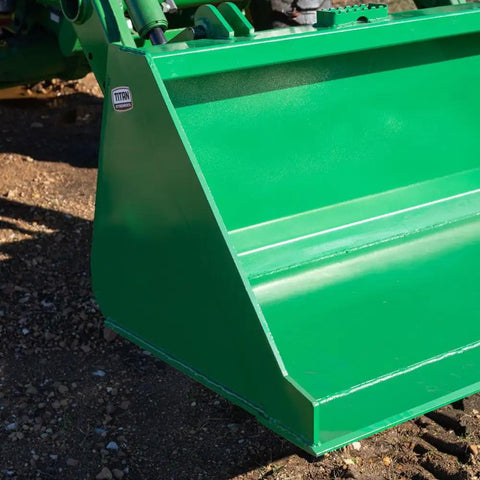 5 Foot Dirt Bucket Attachment For Tractors That Fits John Deere Hook And Pin Tractors showing side angle with green finish