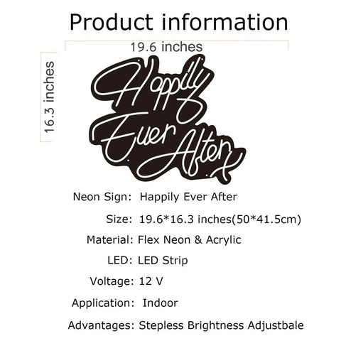 Product information for Happily Ever After Neon Sign With Custom Wedding Wall Decor Flexible LED Neon Light, showing size and materials. 