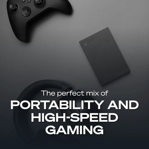 Game Drive For Xbox For Gamers 5TB External Hard Drive USB 3.2 Gen 1 Portable HDD Black With Built In Green LED Bar Xbox Certified And 3 Year Rescue Services Fast Access next to Xbox controller