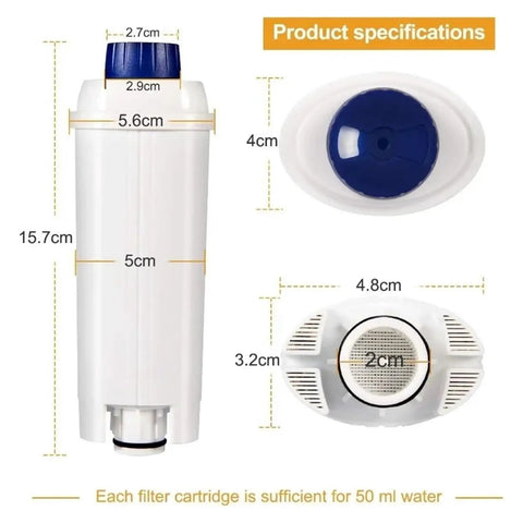 Top Shelf Reusable Coffee Maker Filter With Active Carbon Softener Fine Micropore Mesh Traps Grounds For Bright Crisp Cups Steady Flow Extraction Setup Heavy Duty Replacement Part, 15.7 cm tall white filter cartridge with blue top.
