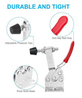 Straight Up Heavy Duty Horizontal Toggle Clamps With Stainless Steel Construction And 198 Pounds Holding Power delivering adjustable pressure tips and anti-slip red grip.