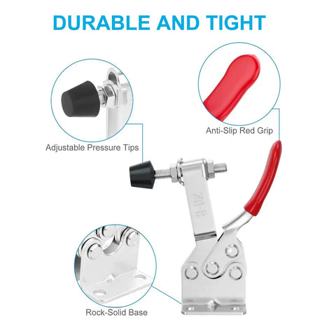 Straight Up Heavy Duty Horizontal Toggle Clamps With Stainless Steel Construction And 198 Pounds Holding Power delivering adjustable pressure tips and anti-slip red grip.
