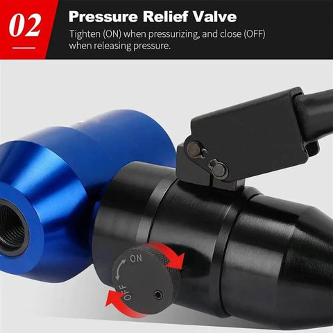 Close-up of pressure relief valve on heavy duty hydraulic knockout hole punch kit for electrical conduit, blue and black design