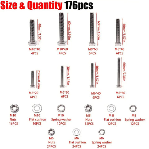 176 Piece Stainless Steel Heavy Duty Hex Bolt And Nut Kit With Fully Threaded M6 M8 M10 Bolts For Home DIY And Machinery Projects, Versatile Automotive And Tool Room Set size chart