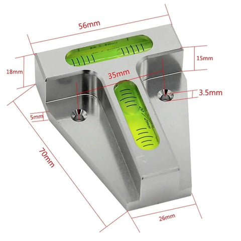 A22I T Type Level Meter, Mini Spirit Level Bubble Two Ways T Type with dimensions, green bubble levels, metallic finish.
