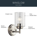 Winslow 9.25 Inch Wall Sconce in brushed nickel with clear seeded glass and round backplate, modern wall mount fixture.
