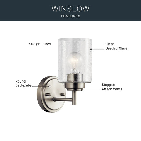 Winslow 9.25 Inch Wall Sconce in brushed nickel with clear seeded glass and round backplate, modern wall mount fixture.