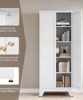 Beefy Heavy Duty Metal Pantry Cabinet With Two Doors And Four Adjustable Shelves open showing books, white steel finish.