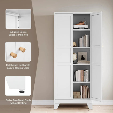 Beefy Heavy Duty Metal Pantry Cabinet With Two Doors And Four Adjustable Shelves open showing books, white steel finish.