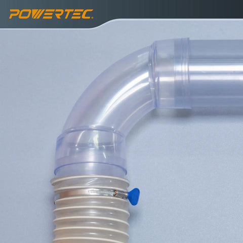 Close-up of a clear 90 degree elbow in 4 Inch Dust Collection Fittings Network Kit With Dust Hose Splice Blast Gates Pipes