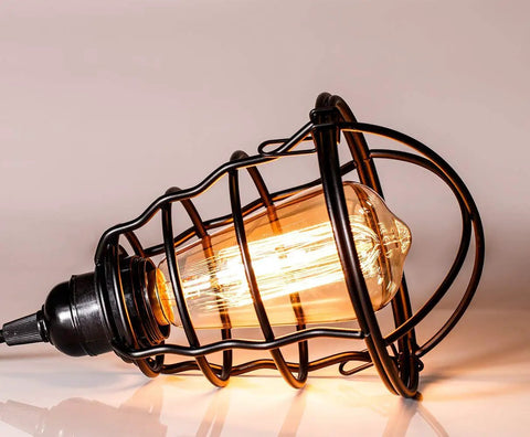 Industrial Edison Pendant Light 2 Pack with adjustable 47.2 inch cord and cage shade E26 E27 base vintage hanging lamp close-up