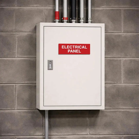 Red Electrical Panel Sign For Fire Regulation Safety Compliance, Small Indoor Plastic Identification Sign installed on panel