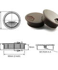 Super Slick Two Inch Desk Cable Grommet Covers Banish Snarled Wires And Keep Your Home Office Looking Snazzy Reliable Abs Plastic Cable Hole Plugs For Workstations Dark Brown Pair with measurements and top view.