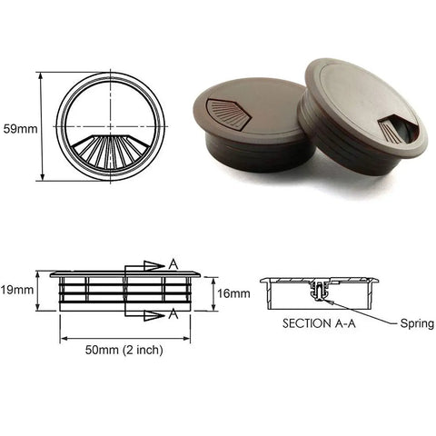 Super Slick Two Inch Desk Cable Grommet Covers Banish Snarled Wires And Keep Your Home Office Looking Snazzy Reliable Abs Plastic Cable Hole Plugs For Workstations Dark Brown Pair with measurements and top view.