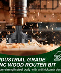Heavy Duty Spoilboard Surfacing Router Bit For Woodworking With 2 Inch Cutting Diameter And Half Inch Shank Planing Bit With 6 Carbide Inserts For Lightning Fast Slab Flattening in use on wood slab with visible shavings.