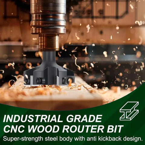 Heavy Duty Spoilboard Surfacing Router Bit For Woodworking With 2 Inch Cutting Diameter And Half Inch Shank Planing Bit With 6 Carbide Inserts For Lightning Fast Slab Flattening in use on wood slab with visible shavings.