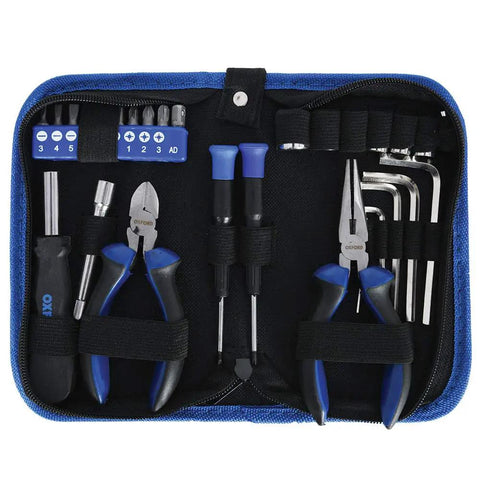 Motorcycle Tool Kit Essentials 28 Piece Standard Set with ergonomic carbon steel tools in a compact blue case