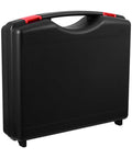 Heavy Duty Portable Plastic Toolbox With Reinforced Grip Handle Massive Multipurpose Storage Organizer For Quick Trades Shop Grind And Everyday Gear Hauling, black case with red handle, shown from the side.
