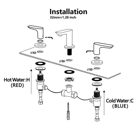 Installation diagram of Matte Black 3 Hole Deck Mount Tub Faucet Set With Two Handles High Flow Brass Bath Filler Valve.