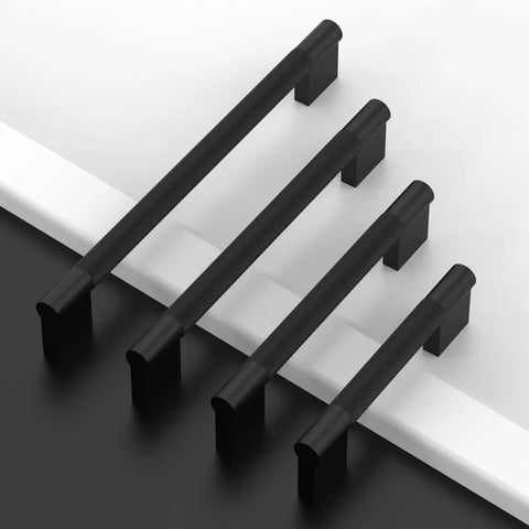 Professional Grade Matte Black Knurled Cabinet Handles, 10 Pack 5 Inch Kitchen Drawer Pulls displayed from above on a sleek surface.